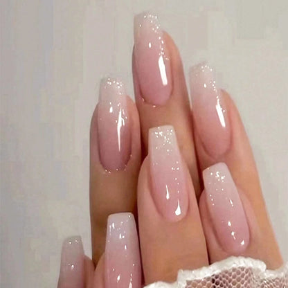 Short Square Fake Nails: Cute Bride Heart French Tips Set