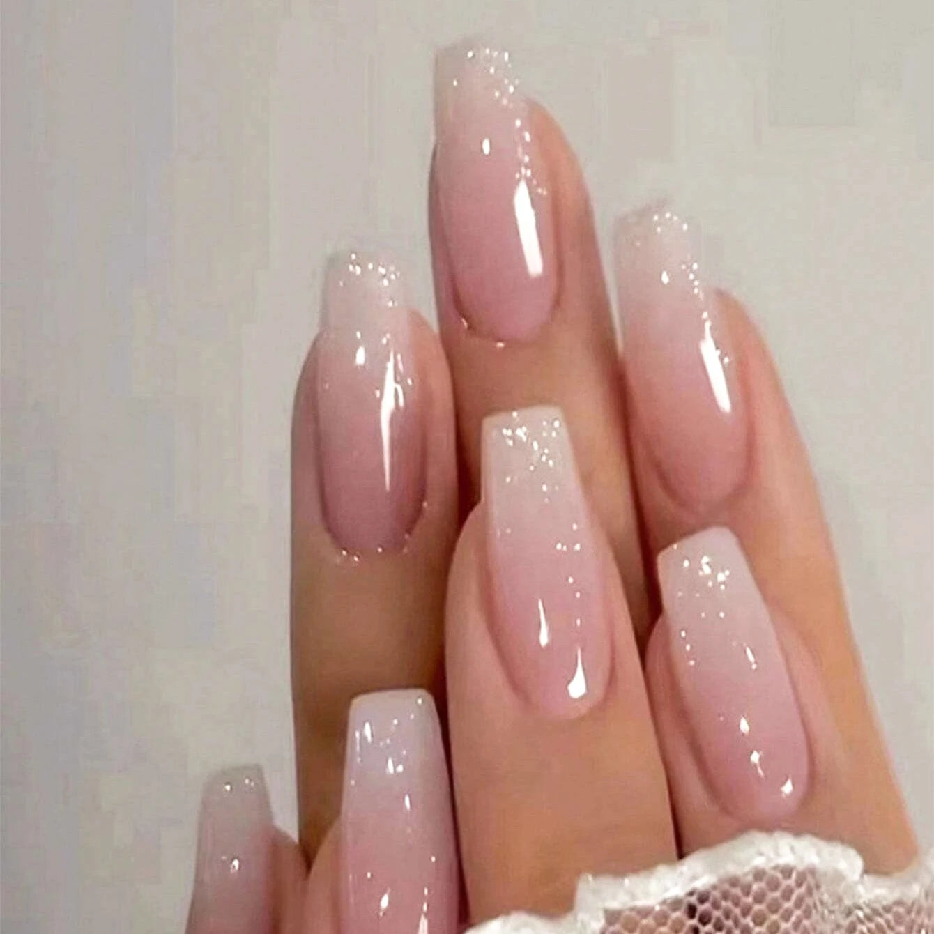 Short Square Fake Nails: Cute Bride Heart French Tips Set