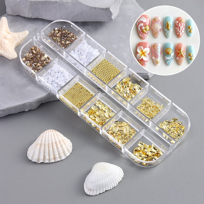 Golden starfish and seashell nail art decorations, 3D ocean fan shell and conch ornaments, mini steel bead nail accessories.