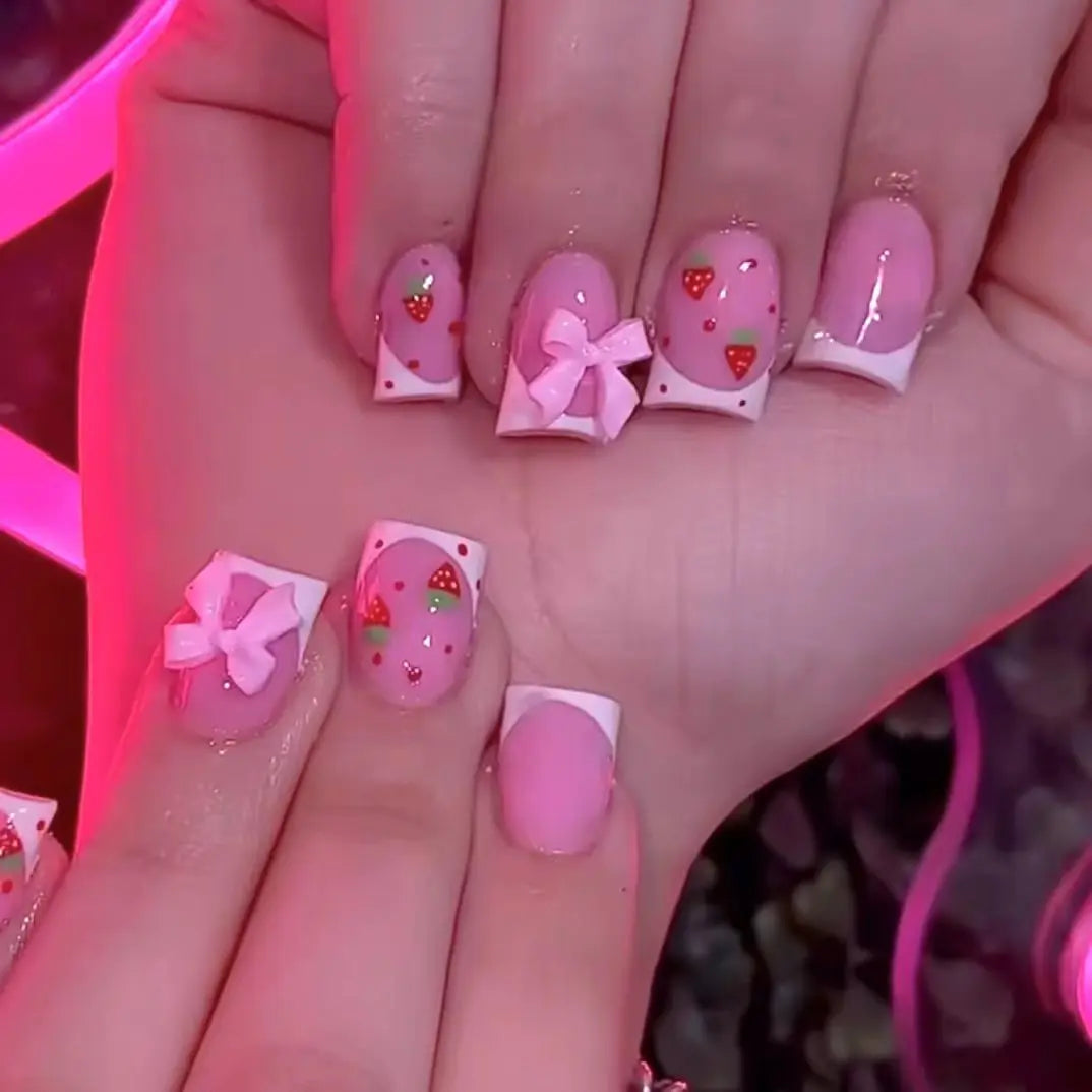 Press-On Nails: French Pink Short Square with Rhinestones