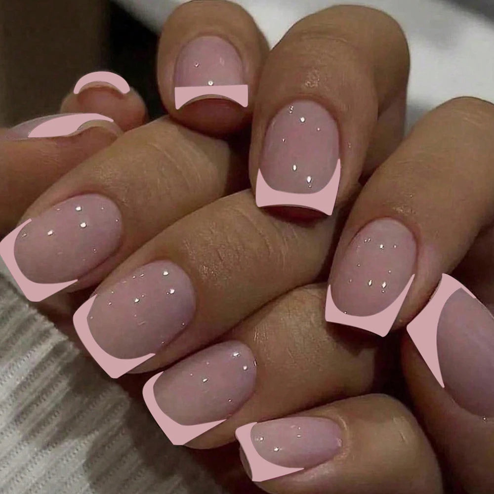 Short Square Fake Nails: Cute Bride Heart French Tips Set