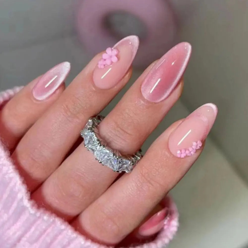 Long Almond False Nails - Cat's Eye Cherry French Tips