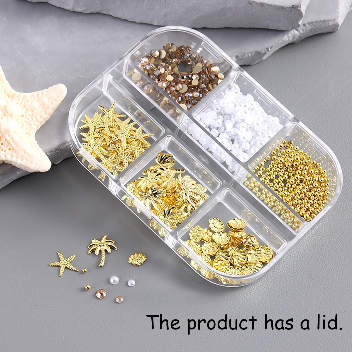 Golden starfish and seashell nail art decorations, 3D ocean fan shell and conch ornaments, mini steel bead nail accessories.
