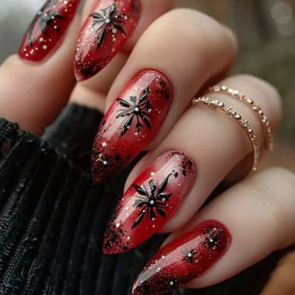 Fake Nails: Christmas Black Red Blue Snowflake Tips