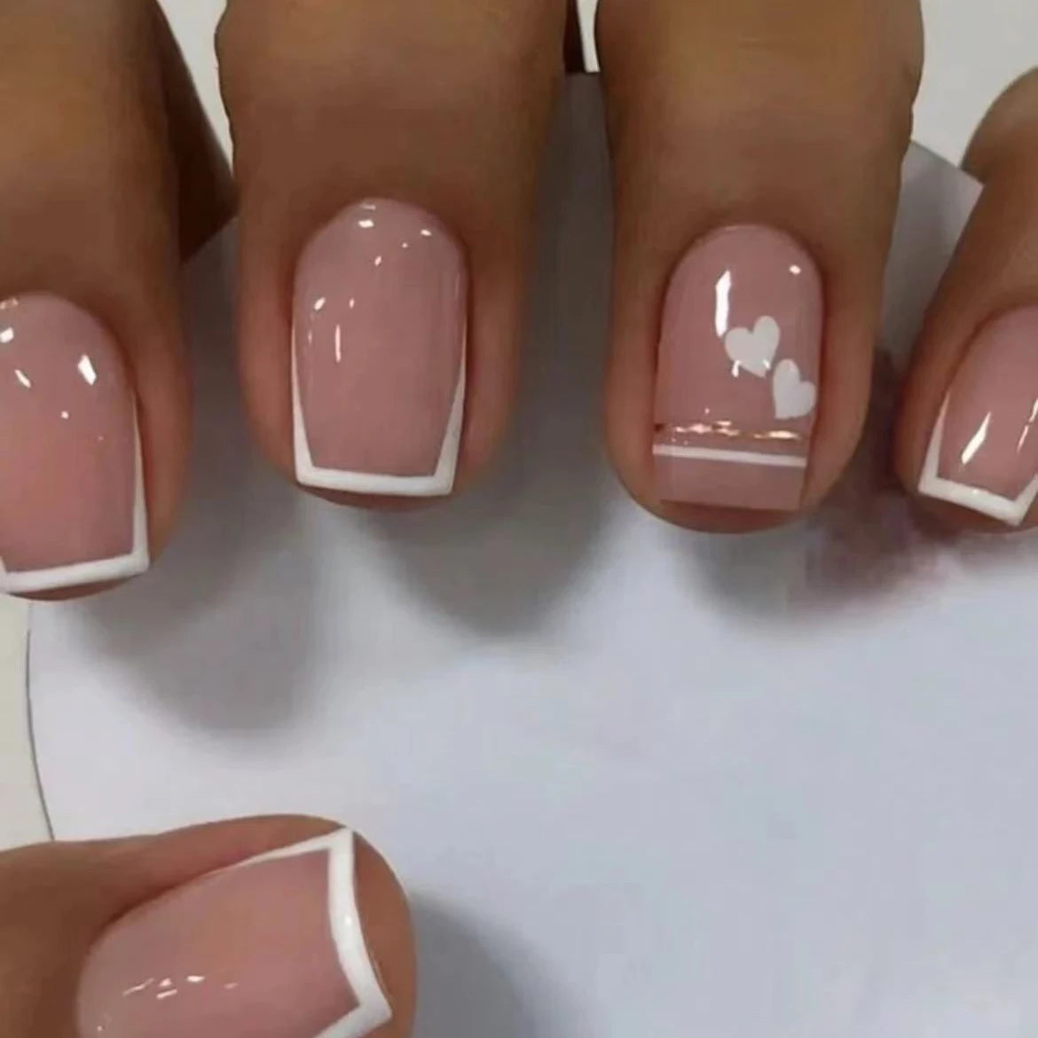Short Square Fake Nails: Cute Bride Heart French Tips Set
