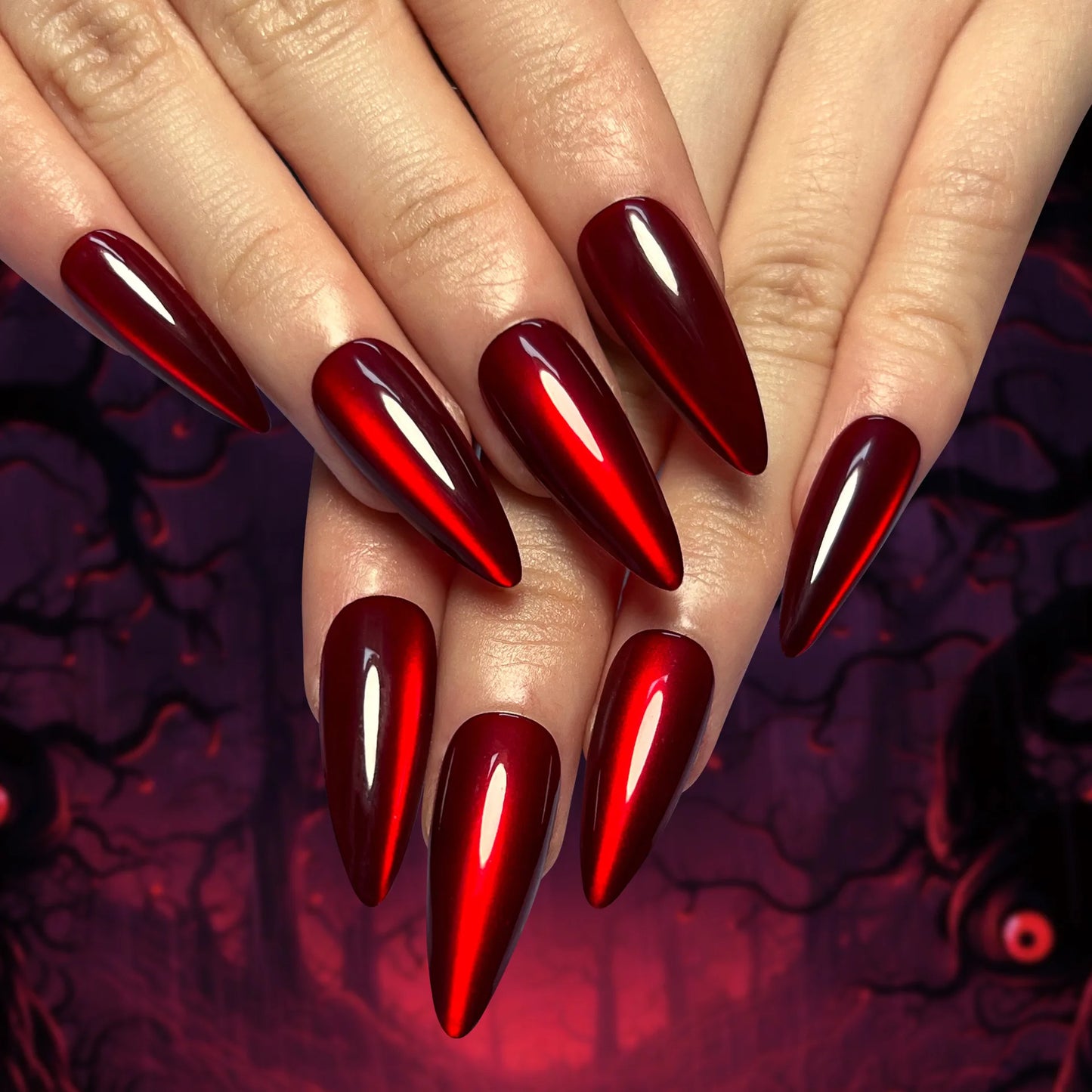 Press On Nails: Glossy Red Cat's Eye Press On Nails - 24pcs Almond Shape