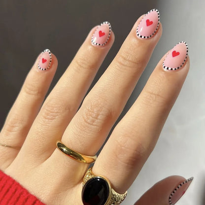 Red Love Heart French Nail Art - Cute Nude Pink Fake Nails