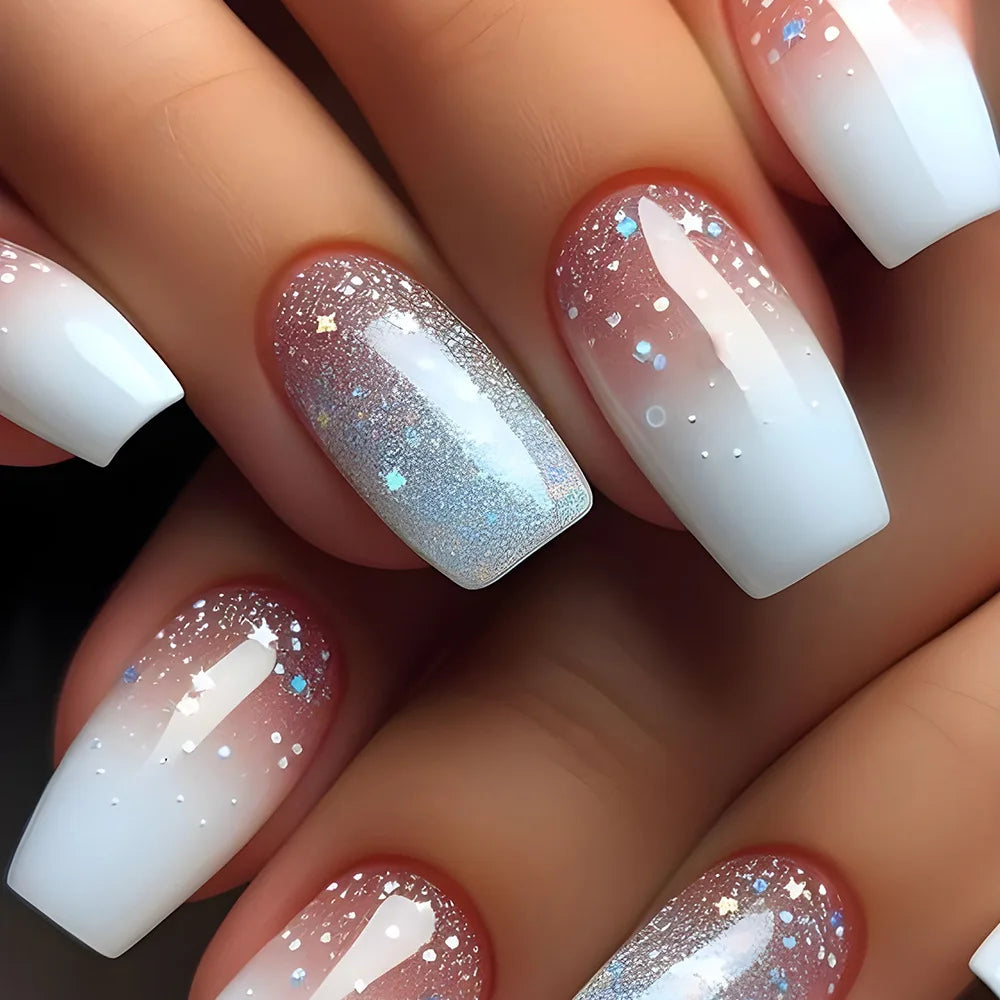 24Pcs Short Square Coffin False Nails Square Fake Nails with Glue French Glitter Wearable Acrylic Nails Set Press on Nail Tips