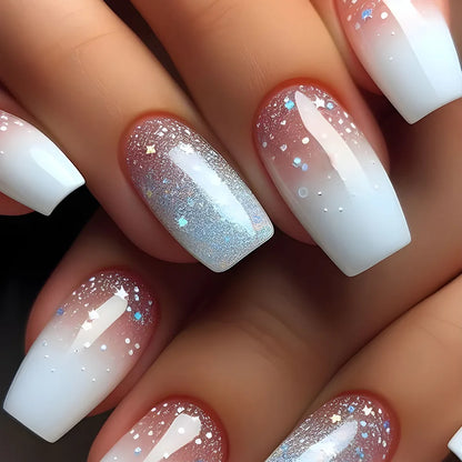 24Pcs Short Square Coffin False Nails Square Fake Nails with Glue French Glitter Wearable Acrylic Nails Set Press on Nail Tips