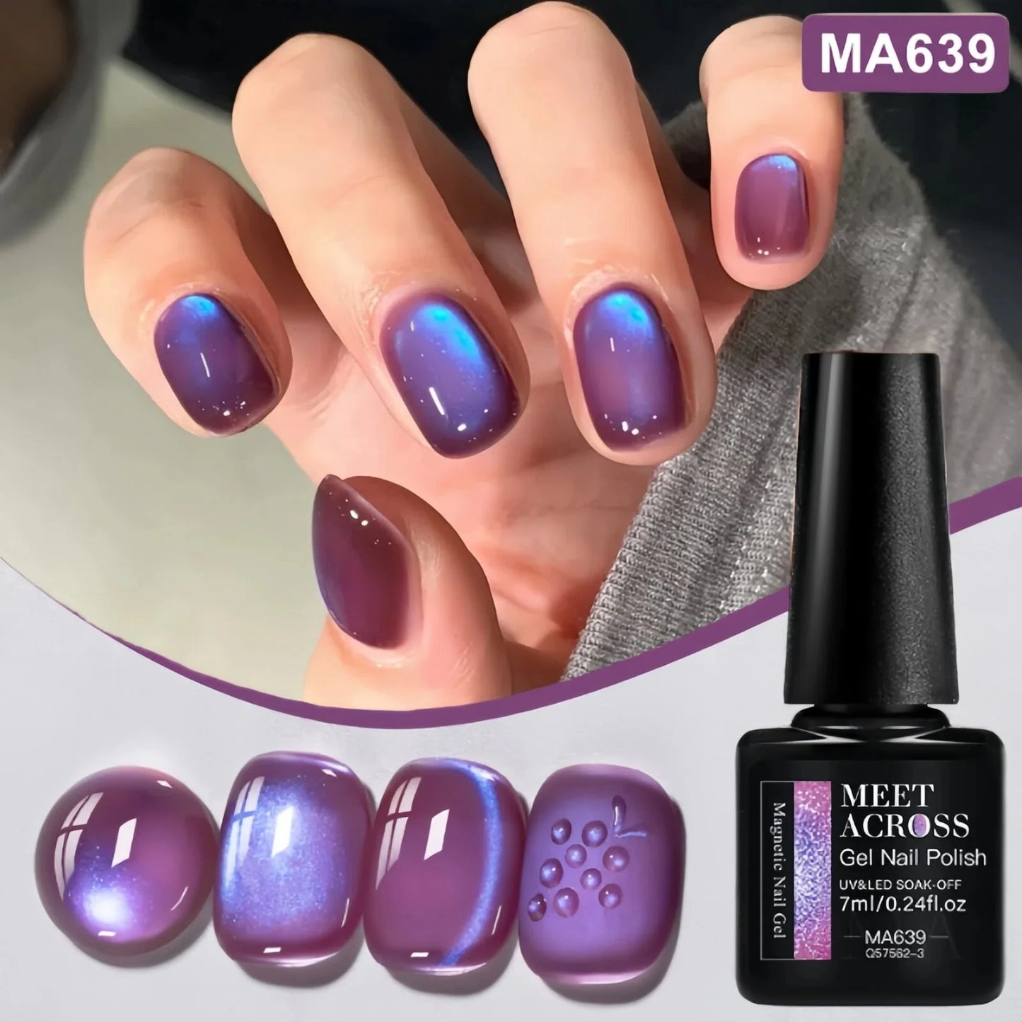 MEET ACROSS Guava & Grape Color Cat Magnetic Gel Green Glass Bead Cat Eye Gel Soak Off UV Gel Nail Art Varnish Salon Home DIY