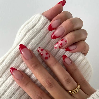 Red Love Heart French Nail Art - Cute Nude Pink Fake Nails