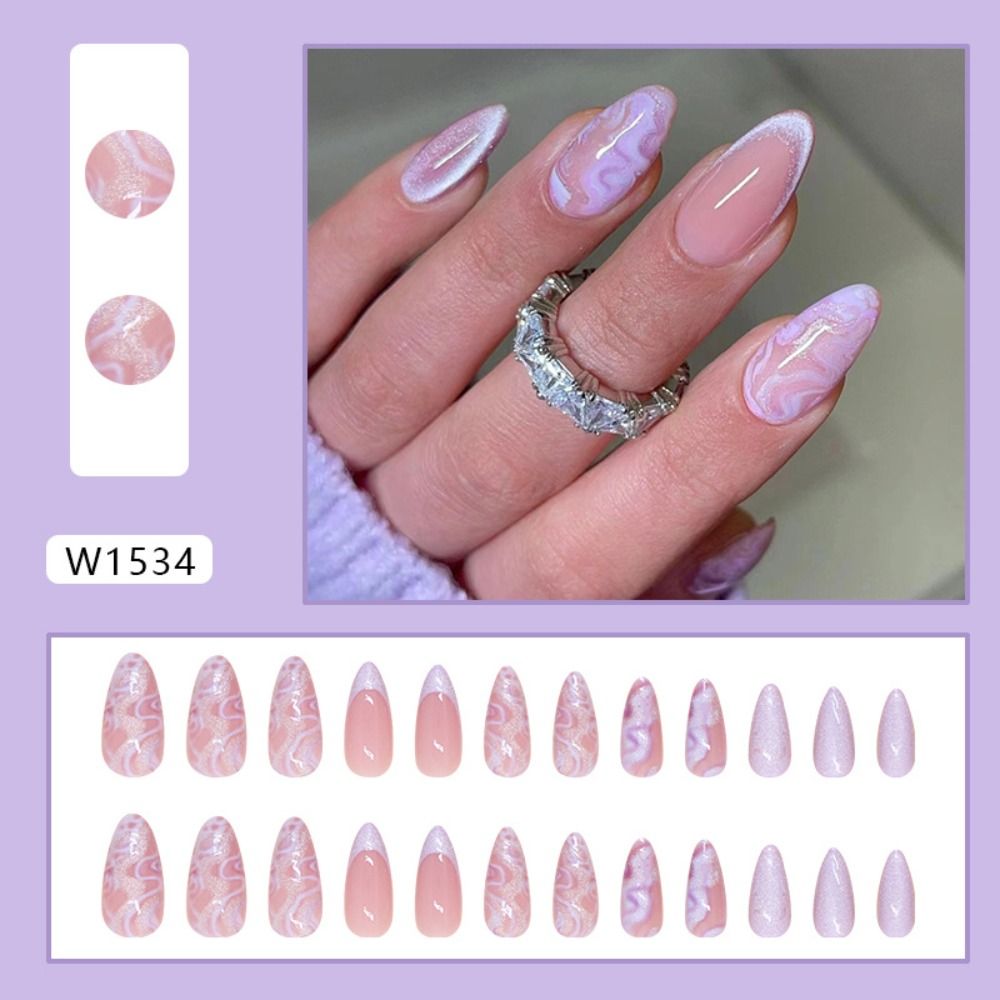 Long Almond False Nails - Cat's Eye Cherry French Tips