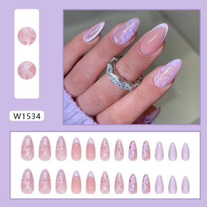 Long Almond False Nails - Cat's Eye Cherry French Tips