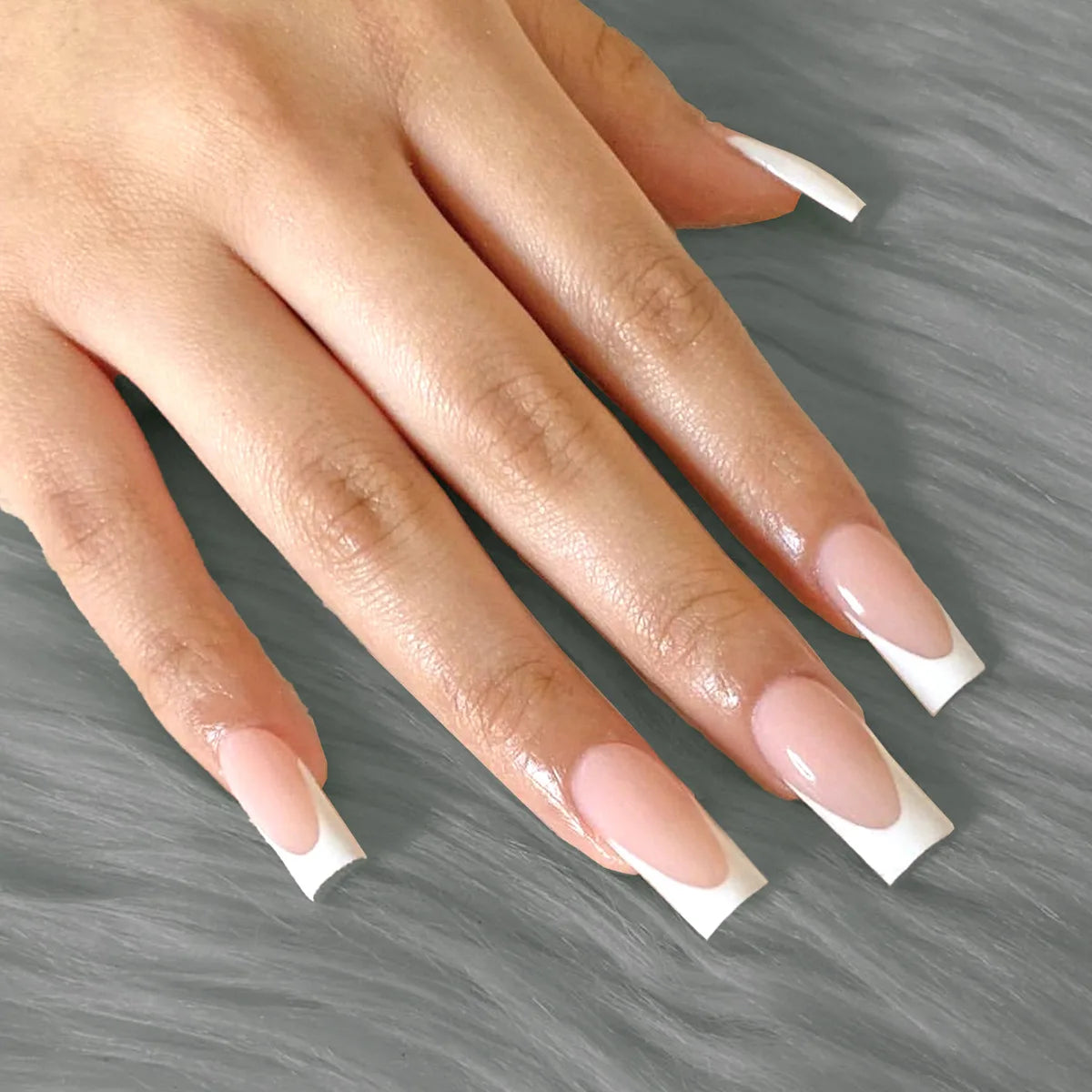 Short Square Fake Nails: Cute Bride Heart French Tips Set