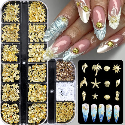 Golden starfish and seashell nail art decorations, 3D ocean fan shell and conch ornaments, mini steel bead nail accessories.