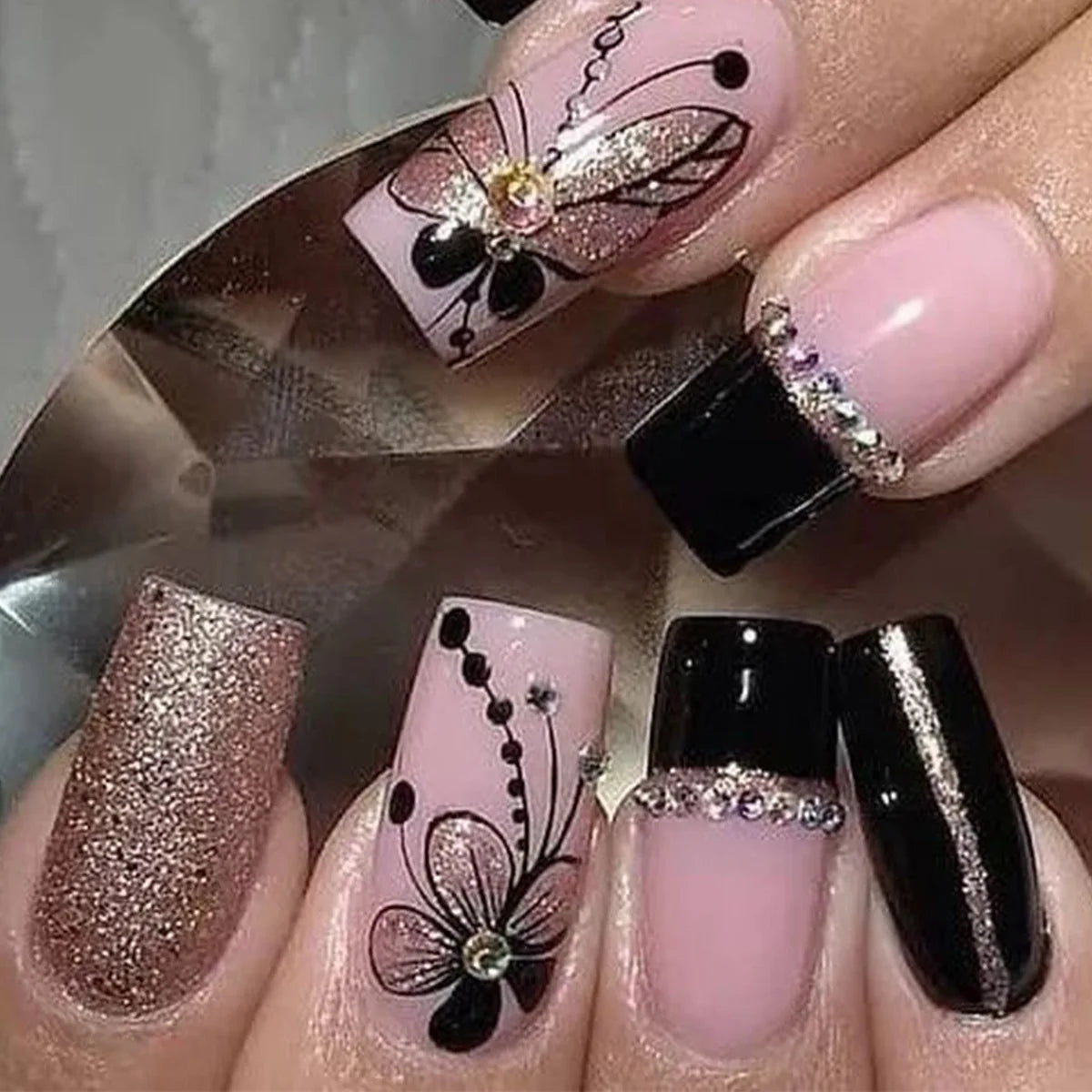 Press-On Nails: French Pink Short Square with Rhinestones