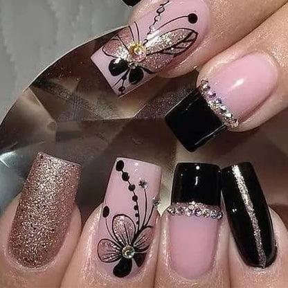Press-On Nails: French Pink Short Square with Rhinestones