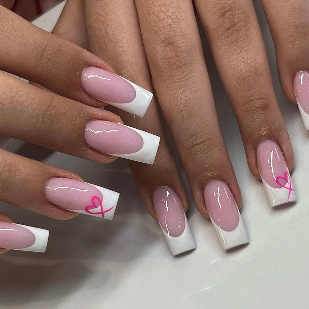 Short Square Fake Nails: Cute Bride Heart French Tips Set