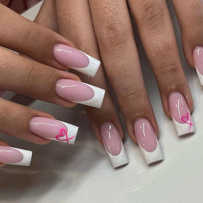 Short Square Fake Nails: Cute Bride Heart French Tips Set