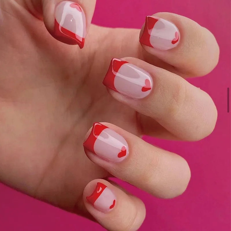Red Love Heart French Nail Art - Cute Nude Pink Fake Nails
