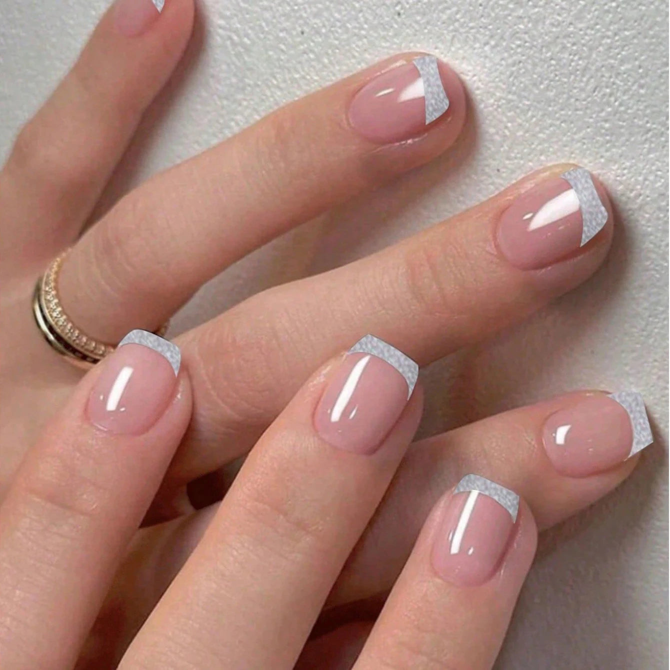Short Square Fake Nails: Cute Bride Heart French Tips Set