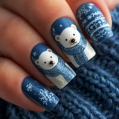 Fake Nails: Christmas Black Red Blue Snowflake Tips