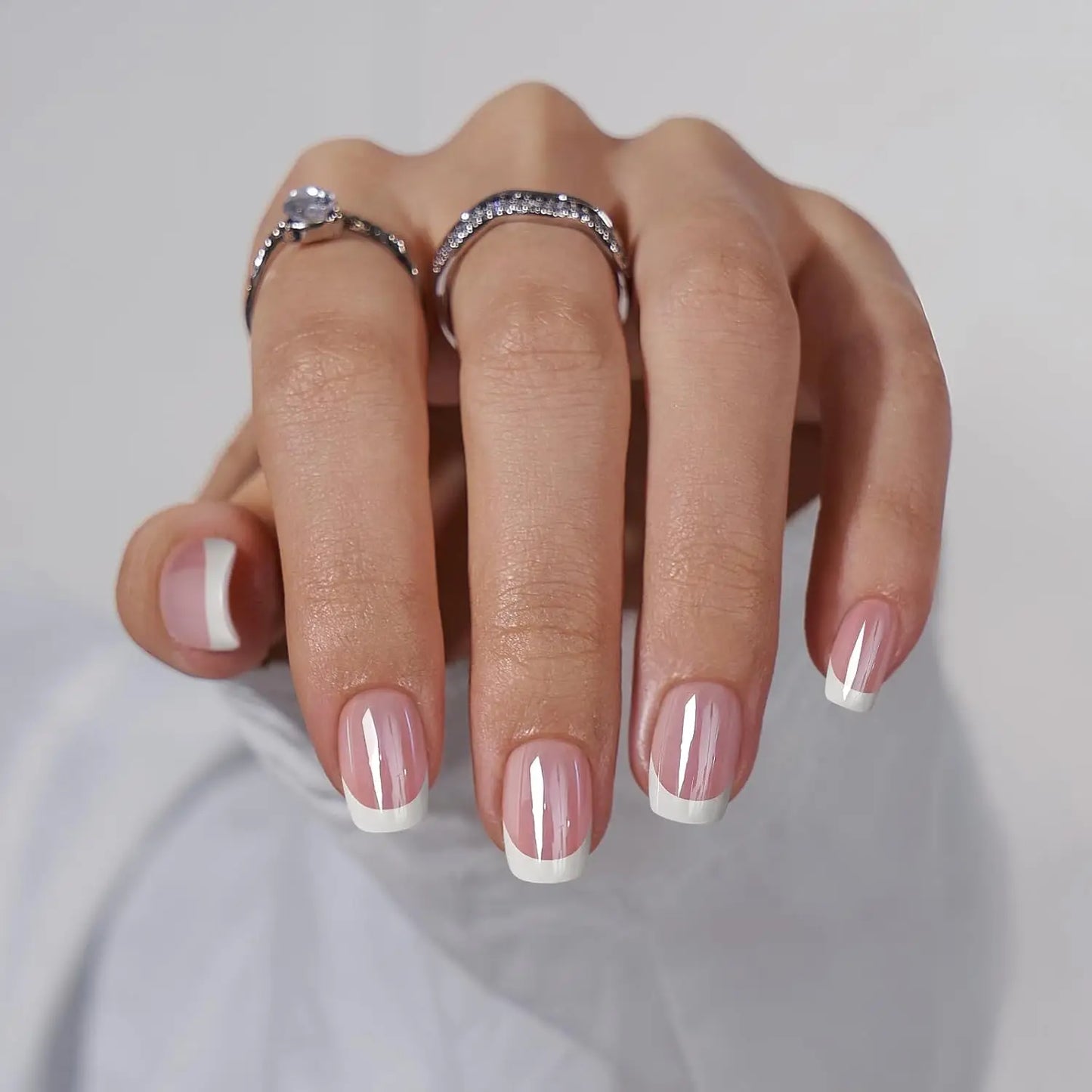 Short Square Fake Nails: Cute Bride Heart French Tips Set