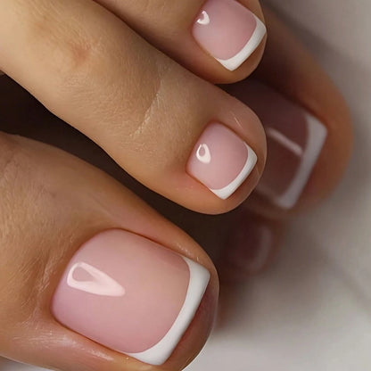 Short Square Fake Nails: Cute Bride Heart French Tips Set