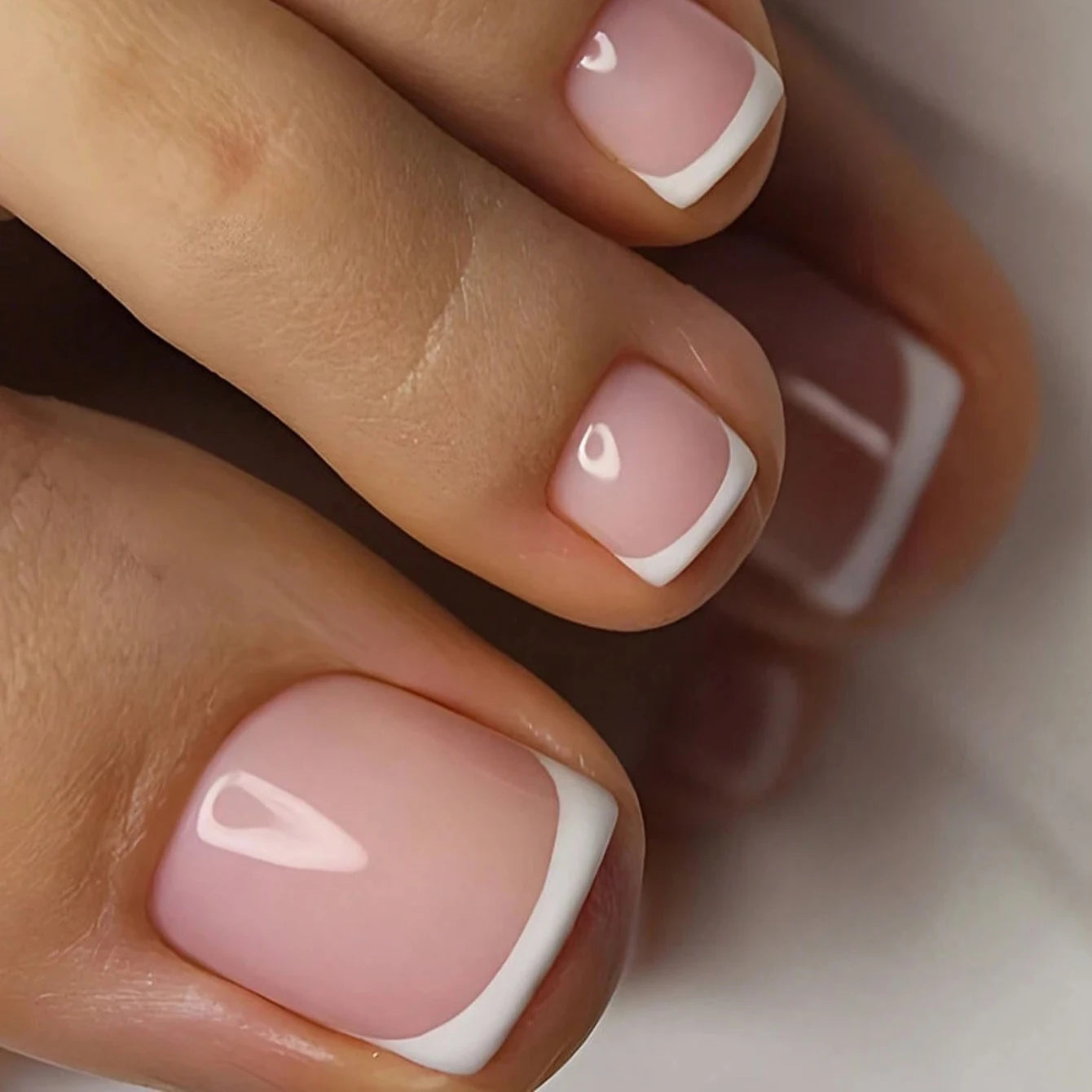 Short Square Fake Nails: Cute Bride Heart French Tips Set