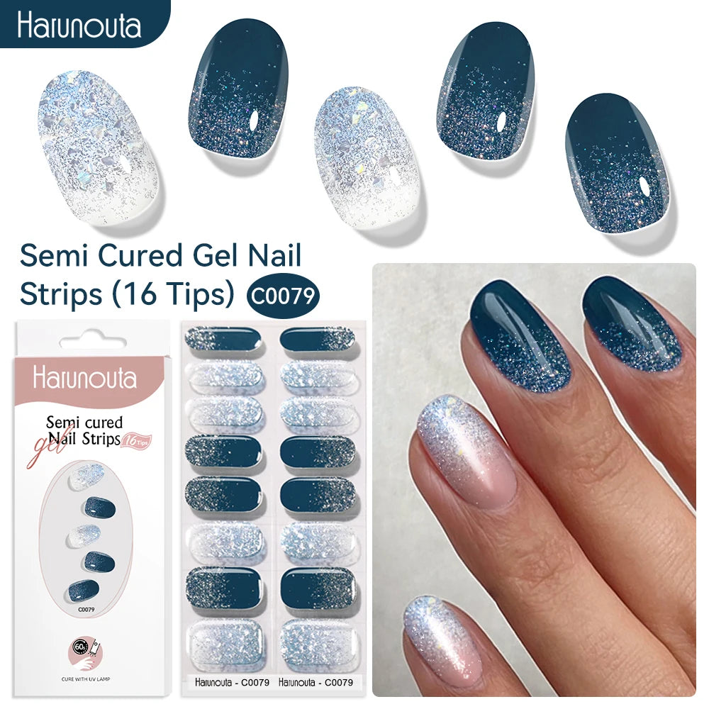 Gel Nail Polish Strips Red Series - 16 Semi-Cured Glitter Wraps