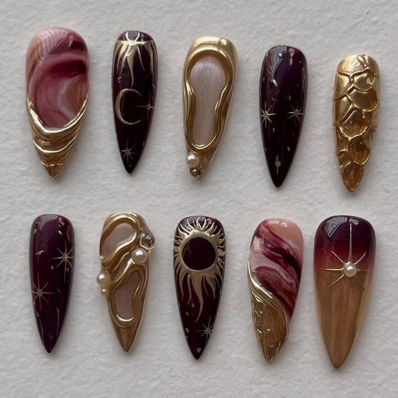 Black Y2K Long False Nails - 24Pcs Almond Cat's Eye Design