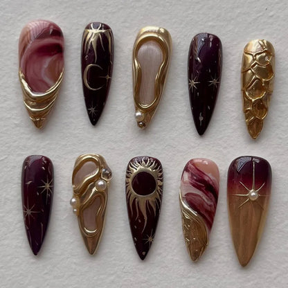 Black Y2K Long False Nails - 24Pcs Almond Cat's Eye Design
