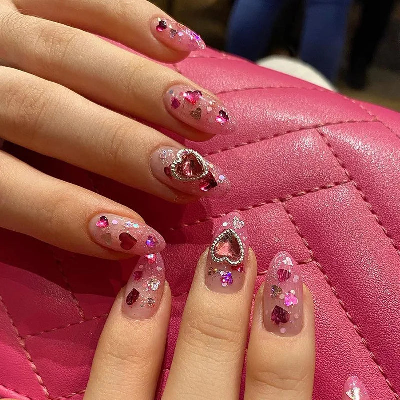 Red Love Heart French Nail Art - Cute Nude Pink Fake Nails