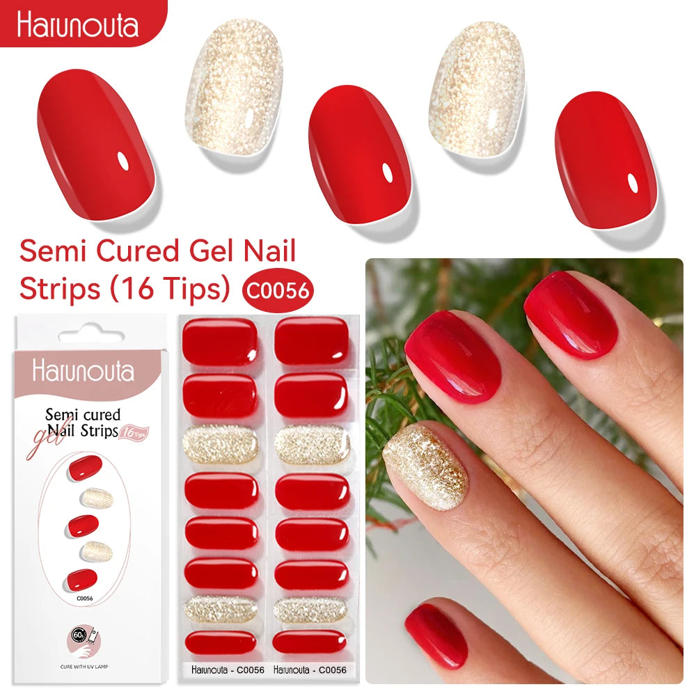 Gel Nail Polish Strips Red Series - 16 Semi-Cured Glitter Wraps