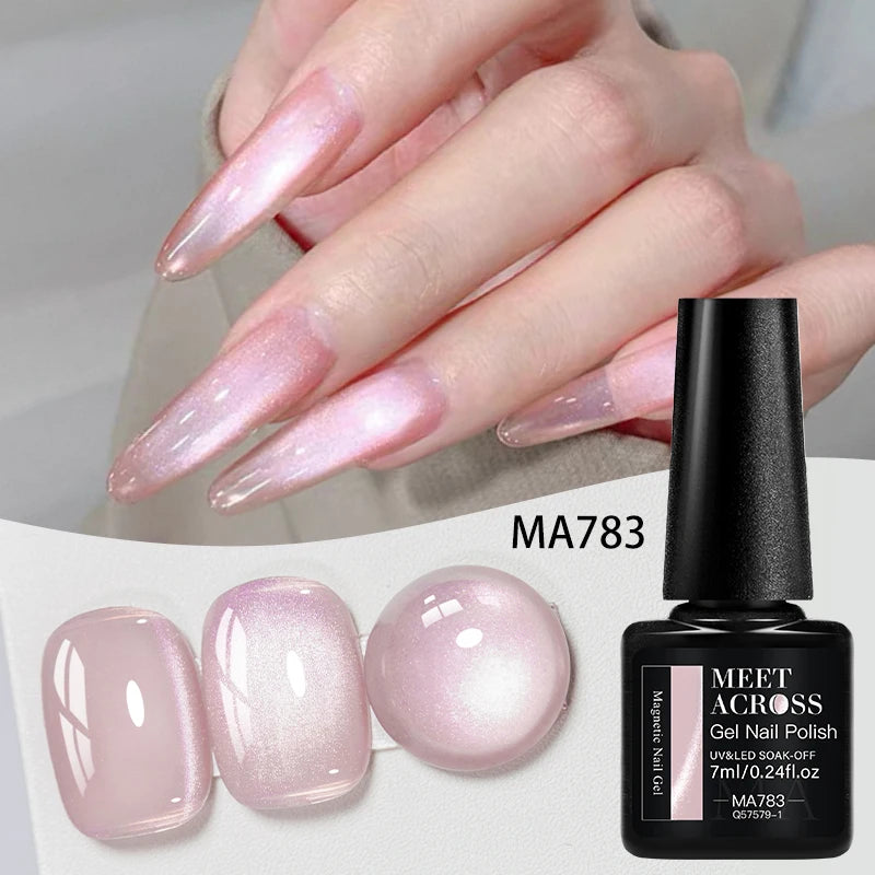 MEET ACROSS Guava & Grape Color Cat Magnetic Gel Green Glass Bead Cat Eye Gel Soak Off UV Gel Nail Art Varnish Salon Home DIY