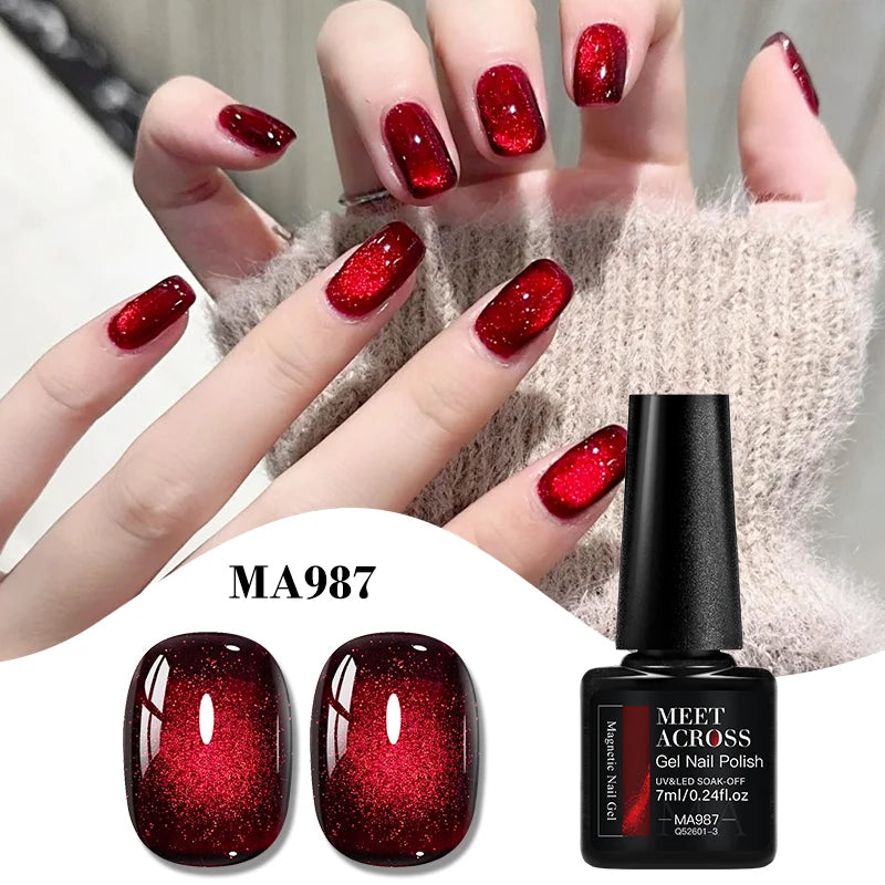 MEET ACROSS Guava & Grape Color Cat Magnetic Gel Green Glass Bead Cat Eye Gel Soak Off UV Gel Nail Art Varnish Salon Home DIY