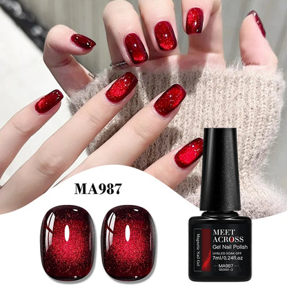 MEET ACROSS Guava & Grape Color Cat Magnetic Gel Green Glass Bead Cat Eye Gel Soak Off UV Gel Nail Art Varnish Salon Home DIY