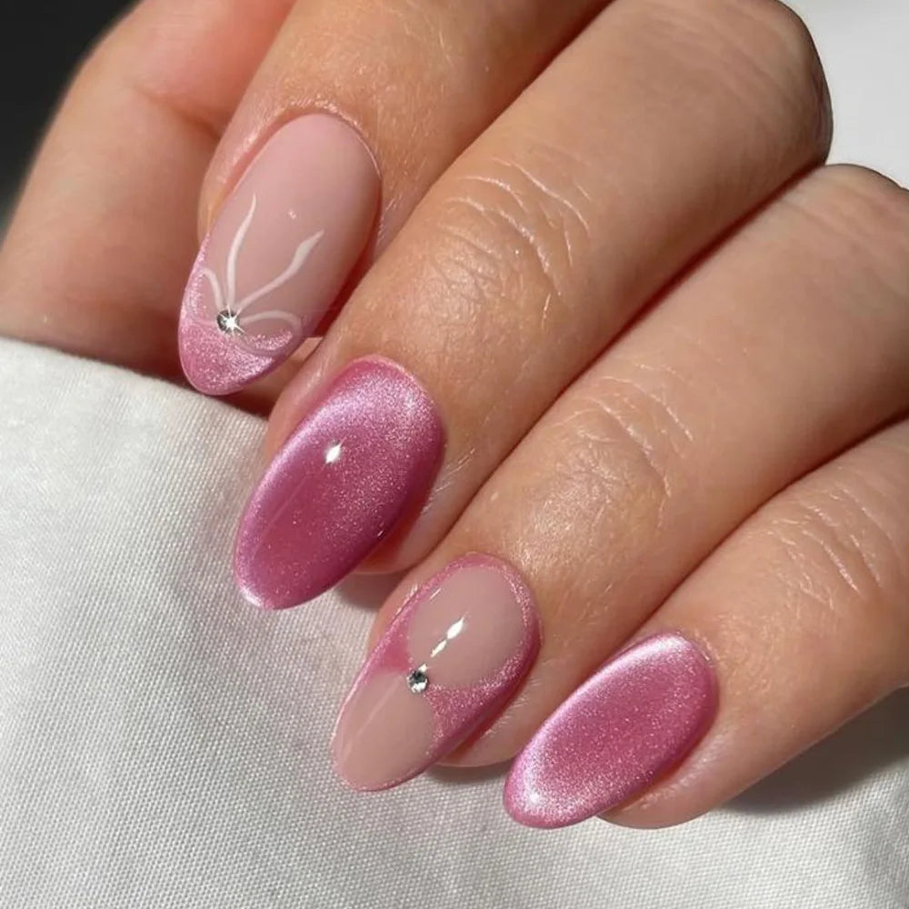 Press On Nails: Glossy Red Cat's Eye Press On Nails - 24pcs Almond Shape