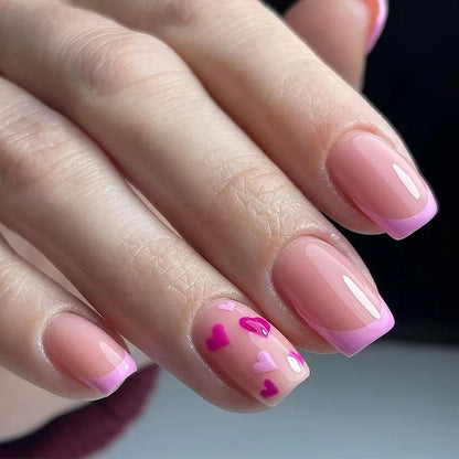Red Love Heart French Nail Art - Cute Nude Pink Fake Nails