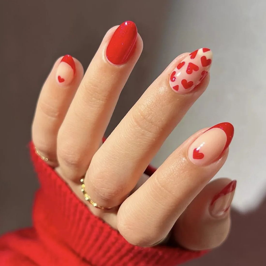 Red Love Heart French Nail Art - Cute Nude Pink Fake Nails
