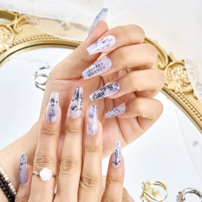 Chinese Poetry Design False Nails - 10Pcs Bamboo Acrylic Set