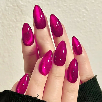 Press On Nails: Glossy Red Cat's Eye Press On Nails - 24pcs Almond Shape