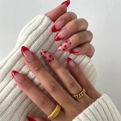 Red Love Heart French Nail Art - Cute Nude Pink Fake Nails
