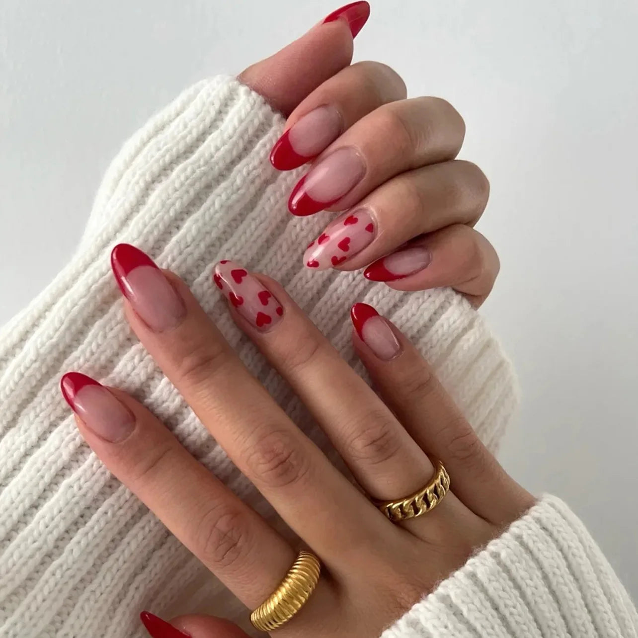 Red Love Heart French Nail Art - Cute Nude Pink Fake Nails