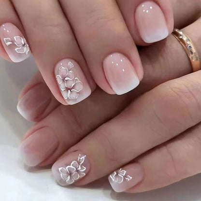 Short Square Fake Nails: Cute Bride Heart French Tips Set