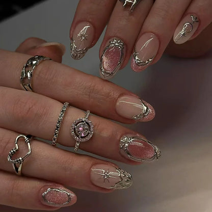 Black Y2K Long False Nails - 24Pcs Almond Cat's Eye Design
