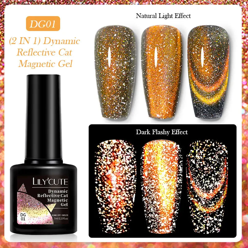 LILYCUTE 7ml Reflective Cat Magnetic Gel Nail Polish Dynamic Double Light Magnet Gel Polish Semi Permanent UV Gel For Nail Art