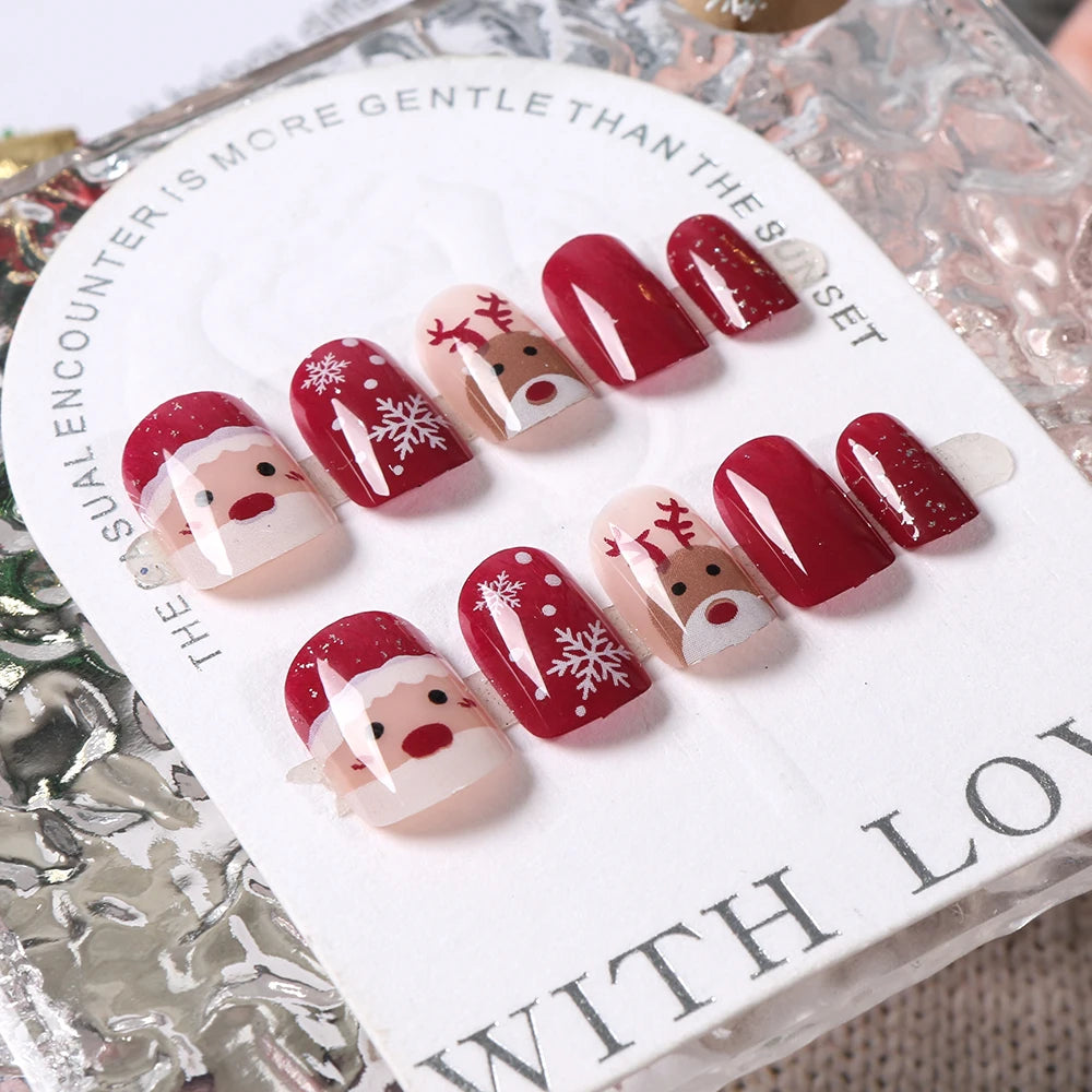 24Pcs Red Christmas Fake Nails Cute Santa Claus Reindeer & Snowflake Designs Artificial Nails Glossy Short Oval Press On Nails