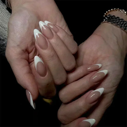 Fake Nails Almond 24Pcs - White Edge, Pink Stiletto