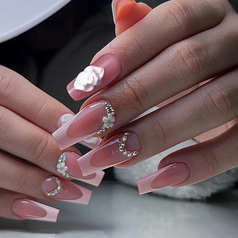 Press-On Nails: French Pink Short Square with Rhinestones